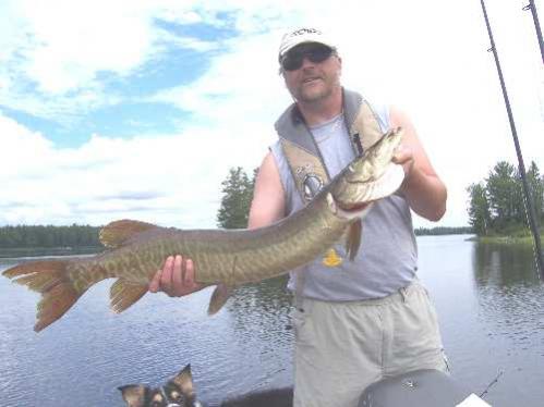 Larry, 39" muskie, as the dog Lily looks on.
